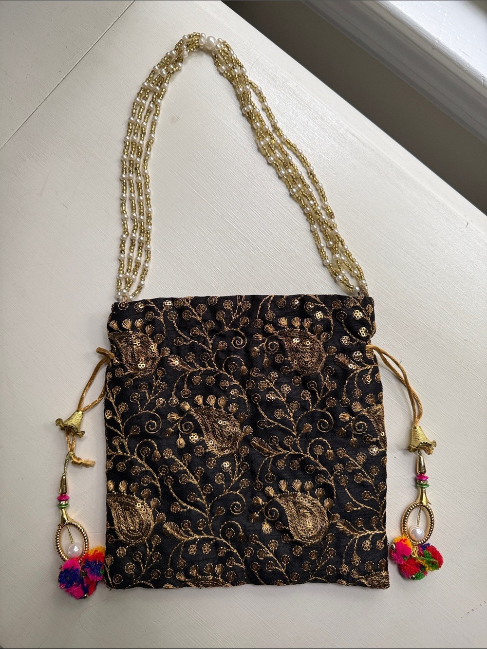 Black & Gold Embroidered Drawstring Evening Bag